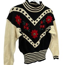 Vintage Seychelle Womens Knit Sweater Red Flowers Size L Cream Black Str... - $39.55