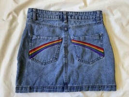 Forever 21 Womens RAINBOW Skirt Size Small Blue Denim Colorful Pockets Buttons - £9.66 GBP