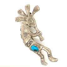 Vintage Signed Sterling Hopi Kokopelli Tribal Figure Turquoise Stone Brooch Pin - £55.39 GBP
