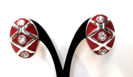 Sophia Red Enamel &amp; Rhinestones Clip On Earrings Silver Tone Oval Shiny - £7.83 GBP