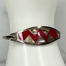 Vintage Silver Tone Abalone Shell Red Inlay Hinge Bangle Bracelet - £18.86 GBP