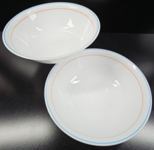 2 Corelle Plymouth Round Vegetable Bowl Set Corning Blue Red Band White Dish Lot - £77.06 GBP