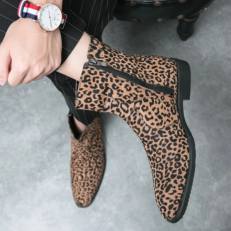 Ycle cowboy boots man leopard suede pointed toe mid calf comfortable chelsea boots male thumb200