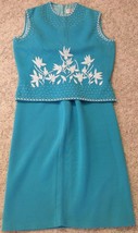 Vintage Hand Beaded Wool Pencil Skirt &amp; Sleeveless Top Turquoise Blue 38... - £43.14 GBP