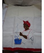 Vintage Caribbean Linen Cotton Tea Towel Pair One Embroidered One Plain - £22.66 GBP