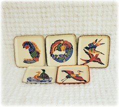 Vintage Aztec Southwestern Bird Paper Mache Coaster Set Hand Painted Jap... - $18.99