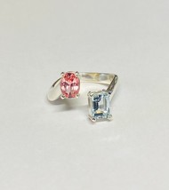 Sterling Silver Genuine Aquamarine &amp; Pink Topaz Bypass Design Ladies Ring - $129.97