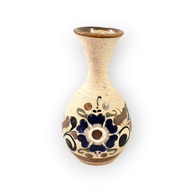 Blue Floral Pottery Vase Mexico Brown Hand painted Small 5.5 Inch Vintage - £11.63 GBP