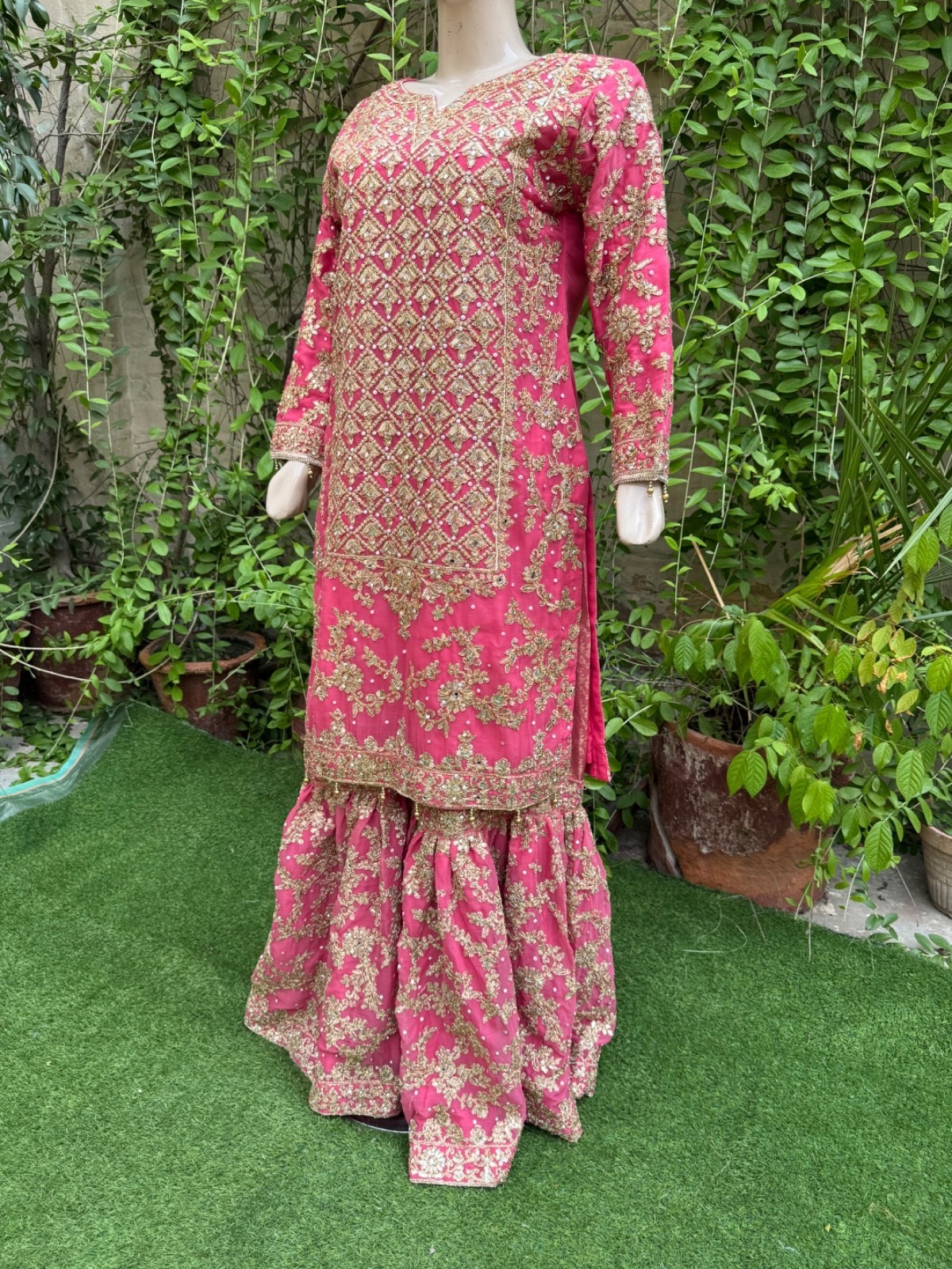 Pakistani Coral Pink Straight Style Embroidered Sequins Chiffon Gharara Dress,M Item image 10