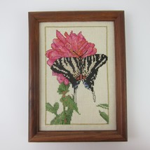 Vintage Cross Stitch Zebra Swallowtail Butterfly Pink Carnation Flower in Frame - £15.73 GBP