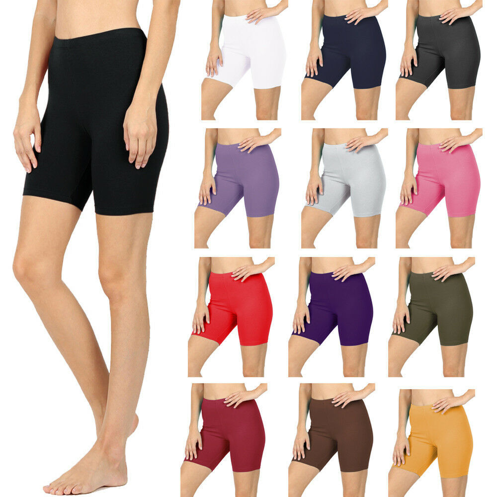 Womens Cotton Spandex Solid Biker Shorts Yoga Mid Thigh Bermuda Leggings