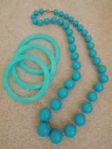 Necklace + 3 Matching Bangle Bracelets Turquoise Blue Costume Jewelry Set 1960s - $10.79