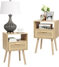 Finnhomy Nightstands Set Of 2, End Table, Nightstand, Side Table With, Natural - £93.51 GBP