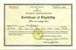 1956 US Veteran&#39;s Direzione Certificato Di Eligibility Certificato WW2 Blu Navy - £20.80 GBP