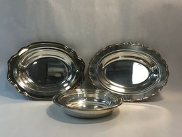 Set of Three (3) Silver Plate Flat Dish Plate Bowls Two Oval One Round - $37.86