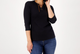 Denim &amp; Co. Canyon Retreat Waffle Knit Top w/ Faux Suede Trim Detail - Black, M - £19.97 GBP