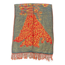 Vintage Green Red Gold Peacock Large Shawl Scarf 27”x70” Fringed Christmas - £29.31 GBP