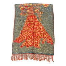 Vintage Green Red Gold Peacock Large Shawl Scarf 27”x70” Fringed Christmas - £27.92 GBP