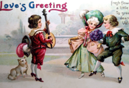 Valentine Love Postcard Unsigned Ellen Clapsaddle Victorian 1834 Lute Guitar Dog - £11.70 GBP