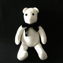 Vintage 90s Handmade White Teddy Bear Plush Textile 19&quot; Tall Black Bow - £25.27 GBP