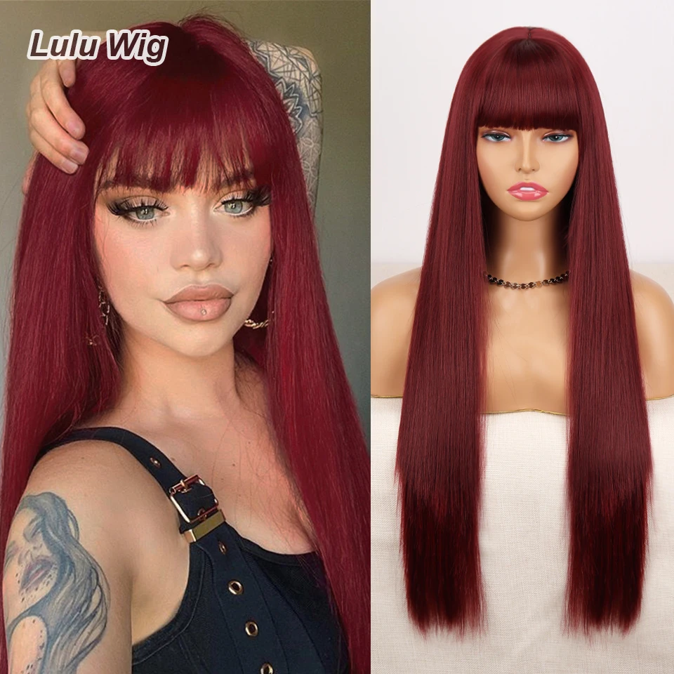 Long Straight Wine Red Wig With Bang Synthetic Wigs for Women Heat Resista - $16.58+