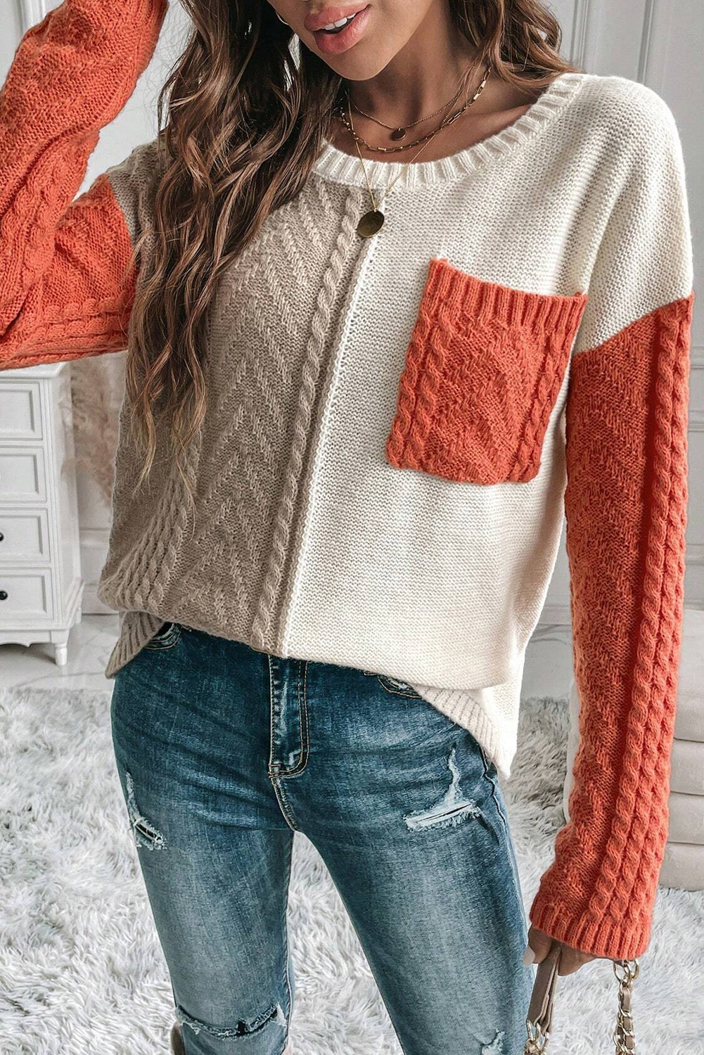 Gold Flame Colorblock Pocket Drop Shoulder Sweater - $227.16