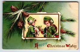 Christmas Postcard Children Boy Girl Pinecones Embossed Vintage Germany 1910 - £16.24 GBP