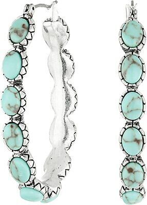 Lucky Brand Silver-Tone and Faux Turquoise Hoop Earrings - £27.53 GBP