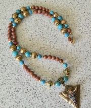 Faux Turquoise &amp; Goldstone Beaded Necklace w Steer Skull Pendant - £6.88 GBP