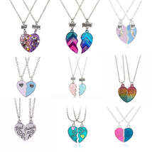 Pink Blue Sequin Stitching Heart Broken Best Friends Necklace - £8.37 GBP