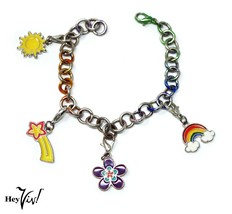 Vintage Charm Bracelet - Colorful Sun, Shooting Star, Flower, Rainbow - ... - £17.58 GBP