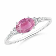 ANGARA Horizontally Set Oval Pink Tourmaline Solitaire Ring with Diamond Accents - £614.54 GBP