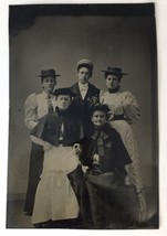 Antique Victorian Era Tintype Photo of Mother with Adult Children Fancy Hats - $22.00