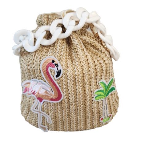 Primary image for Flamingo Crochet Bag Palm Tree Drawstring Purse Natural Tan w White Handle Small