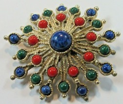 Vintage Sarah Coventry Starburst Brooch Faux Gemstones 2 3/8&quot; Red Blue Green - £11.95 GBP