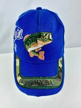 &quot;Kiss My Bass&quot; Fishing Embroidered Hook/Loop Cap Hat Blue w/ Camo Striped Brim - £7.56 GBP
