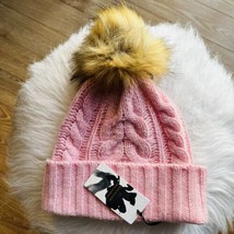 Halogen Cashmere Cable Knit Beanie with Faux Fur Pom, Pink/Brown, NWT - $45.82