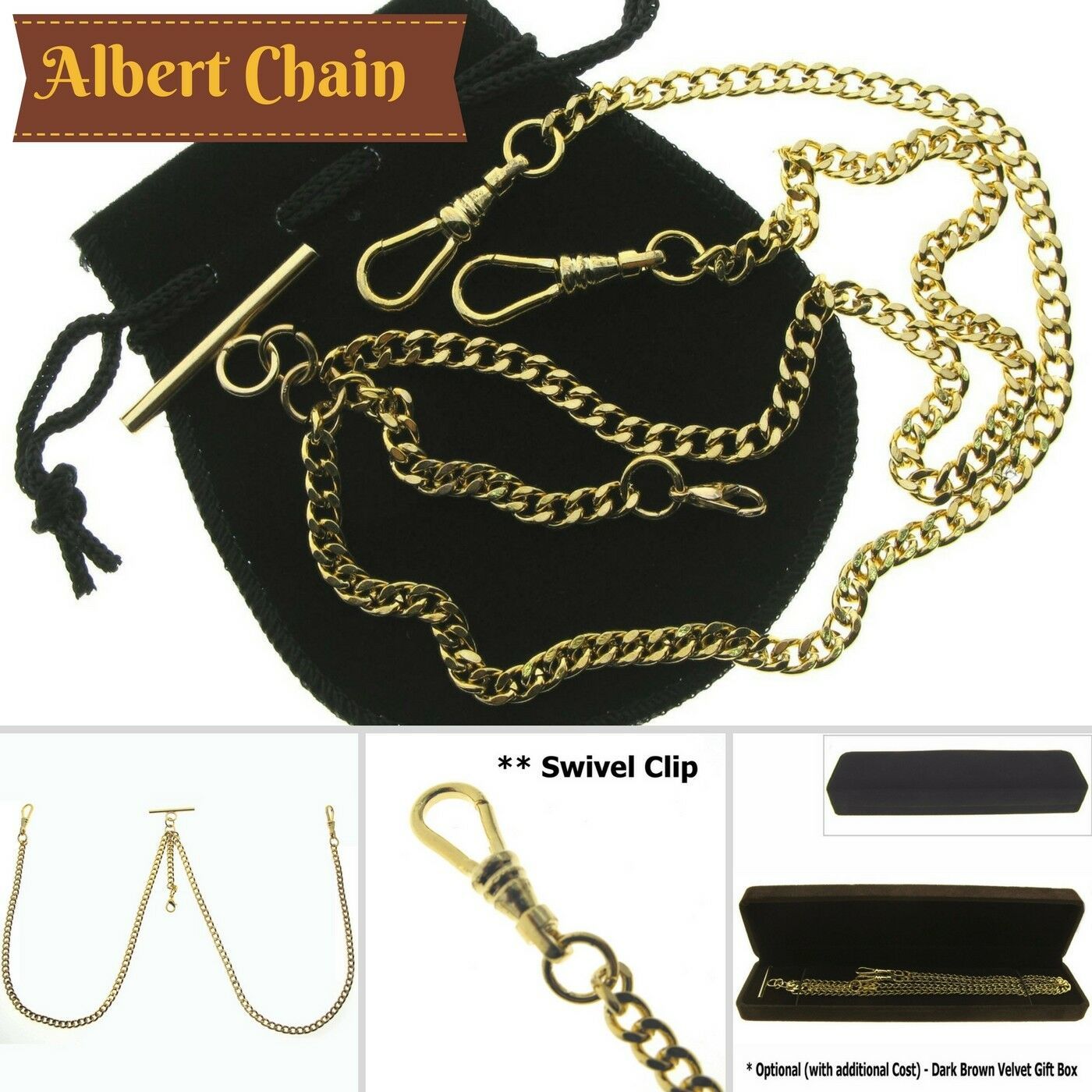 Double Albert Chain Gold Color Pocket Watch Chain T Bar Lobster + Swivel... - $11.50+