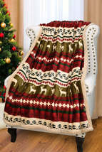Dark Green Christmas Elk Print Reversible Sherpa Fleece Blanket 130*150cm - £20.09 GBP