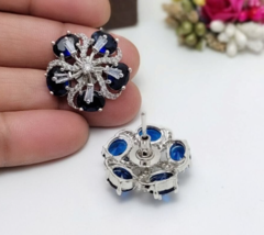 Bollywood Style Indian Silver Plated CZ Studs Earrings Blue Sapphire Jewelry Set - £22.76 GBP