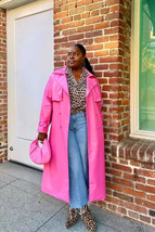 Lambskin Designer  Trench Coat Women Winter Leather  Pink Barbie Stylish... - $168.30+