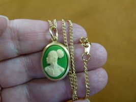 CA30-120 RARE African American LADY green + ivory CAMEO brass Pendant necklace - $25.23