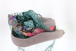 Vtg 50s Streetwear Fishnet Lace Bowtie Felt Wool Derby Hat Cap Gray Wome... - £69.86 GBP