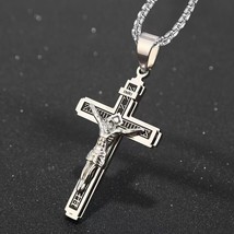 Silver Jesus Christ Crucifix Cross Pendant Necklace Catholic Jewelry Chain 24&quot; - £9.37 GBP