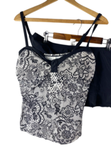Aqua Couture Swimsuit 2 Pc Tankini Top &amp; Skirt Skort Bottoms Black White... - $46.57