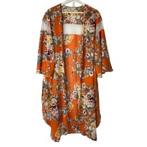 Cato Plus 14W 16W Kimono Orange Floral Print Open Front 3/4 Sleeve Long Flowy - £13.65 GBP