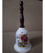 Vtg Brinn&#39;s 7.5&quot; Porcelain Floral White Bell W/Wooden Handle Gold Ring Band - £6.05 GBP