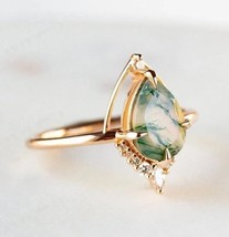 Vintage Moss Agate Engagement Ring Set For Women, Unique Kite Shaped Moss Agate - £57.79 GBP