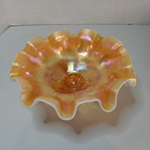 Mid Century Peach Luster Carnival Glass Ruffled Footed Bowl Cherries Iri... - $37.39