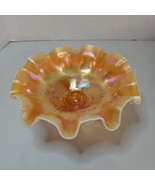 Mid Century Peach Luster Carnival Glass Ruffled Footed Bowl Cherries Iri... - £29.23 GBP